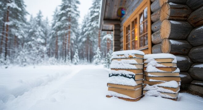 Cozy cabin in winter featuring stacked books covered in snow beside wooden exterior. Books create inviting atmosphere near window, enhancing winter cabin retreat experience for reading enthusiasts.