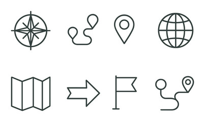 Navigation and travel icons set with compass, map, globe, and location markers