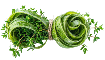 Fresh green pasta tied with twine and thyme sprigs. Water droplets visible