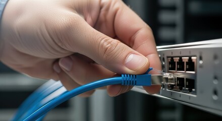 Connection of blue ethernet cable to server switch for networking, hand gripping connector into input slot for data transfer. Establishing network connection enhances communication and data exchange.