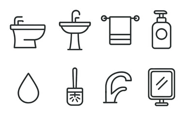 Minimalist bathroom icon set: faucet, sink, toilet, towel, soap, mirror, water drop, brush