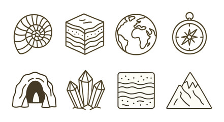 Geology icons set featuring fossil, layers, earth, compass, cave, crystals, waves, mountains
