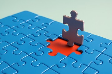 Unique silver puzzle piece stands ready to complete the blue jigsaw, highlighting a final critical solution for strategic business challenges