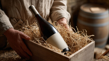 Wine in Wooden Box — artisan hands presenting premium bottle with blank label, rustic warm mood, natural light still life for branding mockups, packaging design, ecommerce product listing, winery