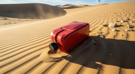 Red fuel canister in sand dunes of desert landscape with undulating patterns reflecting sunlight. Abandoned fuel canister illustrates survival scenario in harsh terrain.
