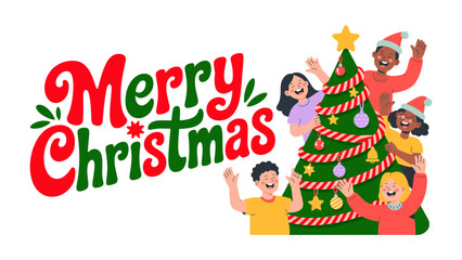 Joyful Christmas: A colorful Christmas illustration shows a Christmas tree with people celebrates the holidays. The image spreads warmth and delight to evoke the spirit of the season.