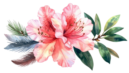 Watercolor floral arrangement with pink blooms, feathers, and greenery