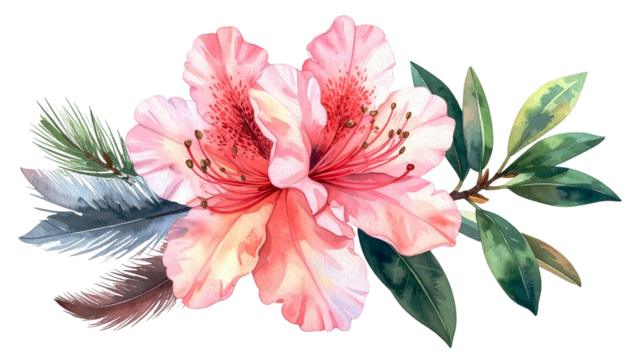 Watercolor floral arrangement with pink blooms, feathers, and greenery