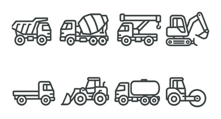 Set of construction vehicle icons with excavator, cement mixer, crane, bulldozer, and more