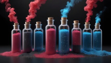 Dynamic Red and Blue Smoke Billowing from Glass Bottles Filled with Sparkling Granules on a Dramatic Dark Background