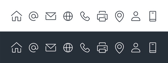 Contact Icons Set: Home, Phone, Mobile, Email, Address, Location, Website, Fax, Globe, – Vector Collection. Contact Us Linear Vector icons.