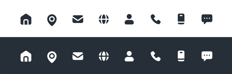 Contact Icons Set: Home, Phone, Mobile, Email, Address, Location, Website, Fax, Globe, – Vector Collection. Contact Us Linear Vector icons.