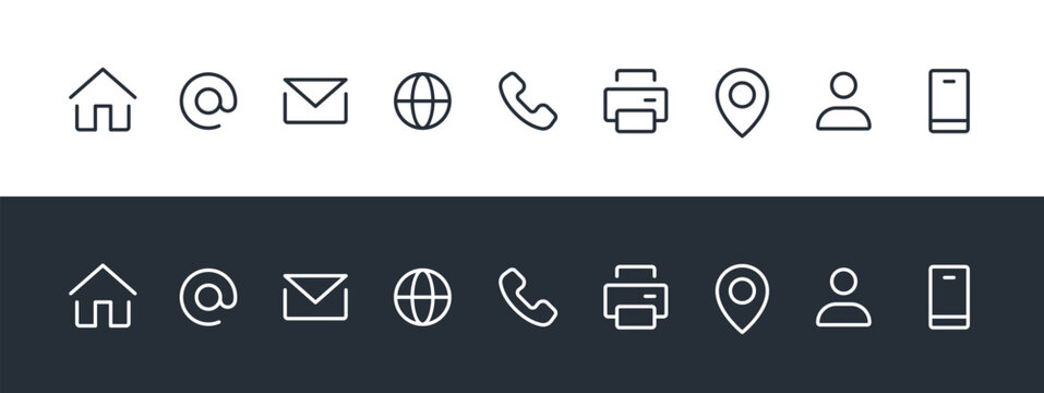 Contact Icons Set: Home, Phone, Mobile, Email, Address, Location, Website, Fax, Globe, &ndash; Vector Collection. Contact Us Linear Vector icons.