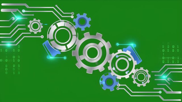 Technological system with interconnected gears and glowing circuit lines