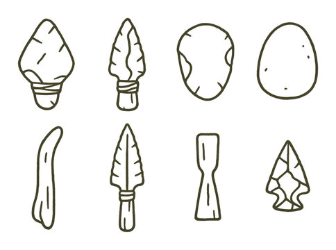 Collection of hand-drawn prehistoric stone tools on yellow background