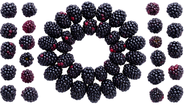 Grouped ripe, dark berries form a central ring with dispersed clusters on black