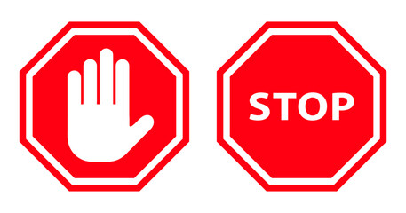 Set of octagon stop sign icons with hand gesture and STOP text, isolated on transparent vector