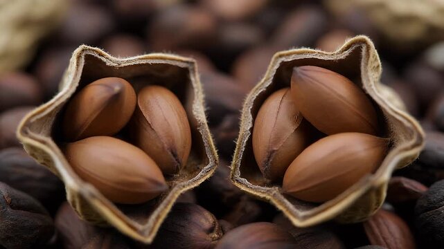 Open Peanut Shells With Brown Seeds Closeup, Unique Whole Kernels On Dark Nut Background, Macro Texture

