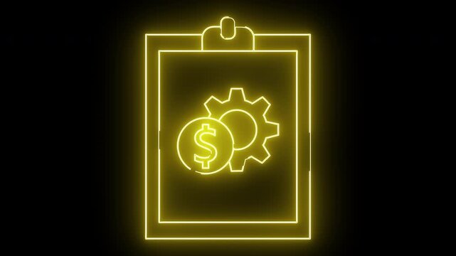 Yellow neon art clipboard gear and dollar coin on black background