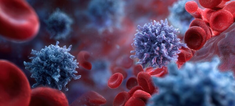 The white blood cells navigating the bloodstream among red blood cells in vibrant 3D illustration
