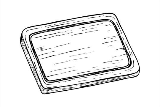 Rectangle wooden chopping board with smooth edges vector isolated illustration painted by black inks. Empty tray for cutting or serving food. Tableware for eco friendly kitchens and food blogs