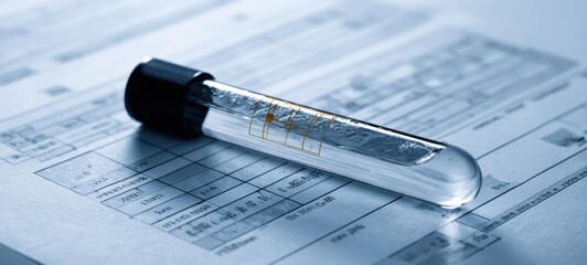 The Test Tube Resting on Medical Forms with Clinical Laboratory Results