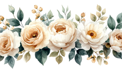 Watercolor garland of cream and white roses with green and beige foliage
