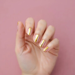 Stylish nail design on elegant hands over pastel pink surface.