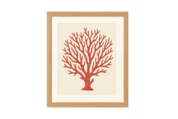 Red coral illustration in wood frame with transparent background