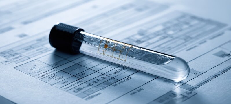 The Test Tube Resting on Medical Forms with Clinical Laboratory Results