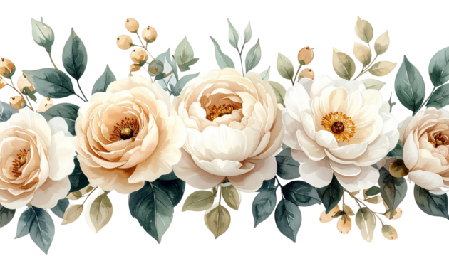 Watercolor garland of cream and white roses with green and beige foliage