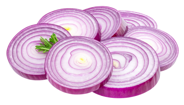 Sliced, vibrant red vegetable rings, garnished with a sprig of green herb