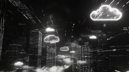 Cloud computing infrastructure connecting a digital cityscape network - Powered by Adobe