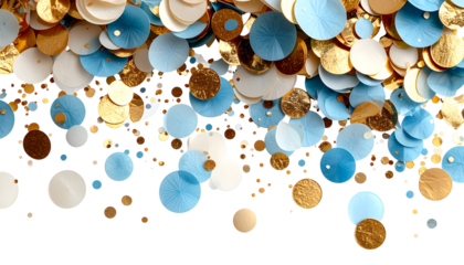 Overhead shot of layered, textured, circular shapes in gold, white, and blue