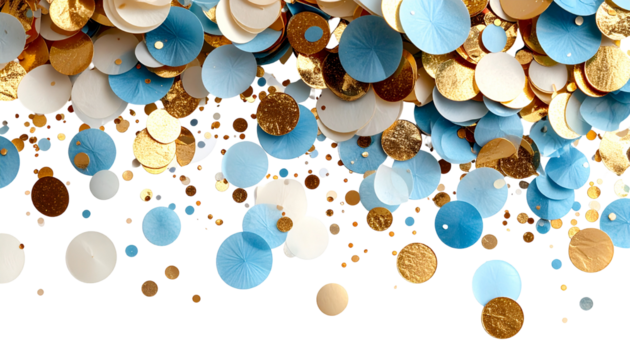 Overhead shot of layered, textured, circular shapes in gold, white, and blue
