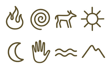 Obraz premium Minimalist symbols: fire, spiral, deer, sun, moon, hand, waves, mountains