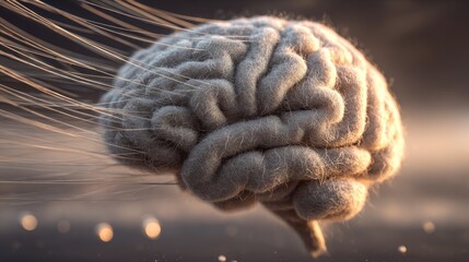 Macro Close-Up Of A Soft Fuzzy Brain Model With Delicate Hairlike Fibers And Fine Wires, Illuminated By Warm Light For Medical Science, Technology, And Neuroscience Imagery