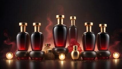Luxurious Collection of Sleek Dark Bottles with Gilded Caps, Artfully Arranged on Elegant Pedestals Amidst a Mystical Red Haze and Sparkling Gold Dust