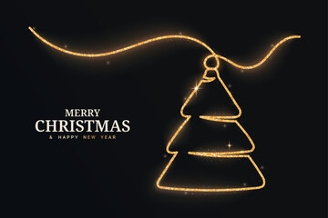 Gold glitter tree continuous line isolated on a black background. Christmas glowing tree with confetti. Vector illustration
