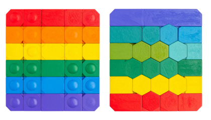 Two colorful square tactile toys, one striped, one with hexagonal bubbles, rainbow hues