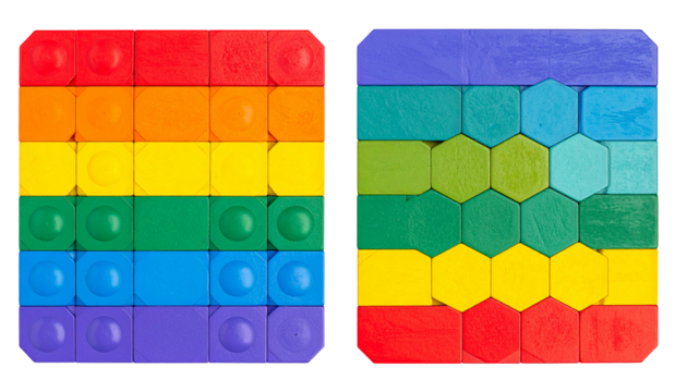 Two colorful square tactile toys, one striped, one with hexagonal bubbles, rainbow hues
