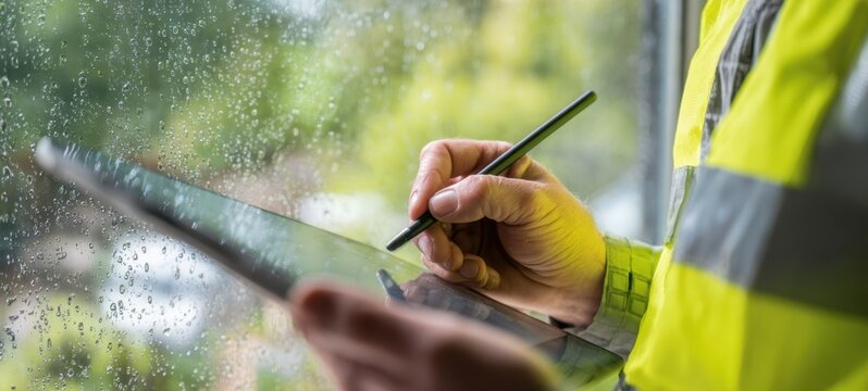 The construction worker holding a tablet at a rain-speckled window during inspection