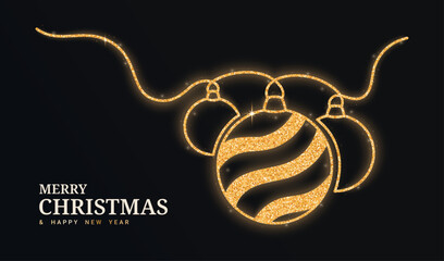 Gold glitter balls continuous line isolated on a black background. Christmas glowing balls with confetti. Vector illustration