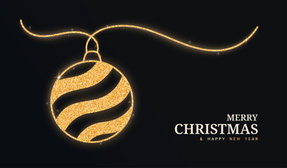 Gold glitter ball continuous line isolated on a black background. Christmas glowing ball with confetti. Vector illustration