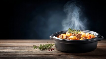 A black pot filled with delicious, steaming stew showcases tender meat and colorful vegetables. Fresh herbs rest beside it, adding flavor and inviting warmth to the cozy kitchen atmosphere