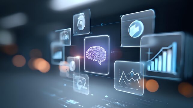 Futuristic interface with glowing icons transparent glass panels displaying data perfect for technology and business presentations - Powered by Adobe