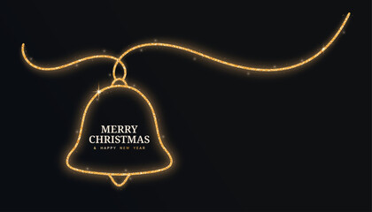 Gold glitter bell continuous line isolated on a black background. Christmas glowing bell with confetti. Vector illustration