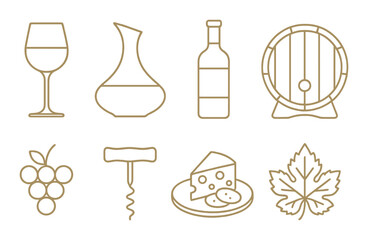 Elegant wine icons on golden background featuring glass, bottle, cheese, and grapes