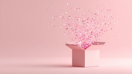 Pastel Pink Gift Box Opens to Release Confetti in a Festive Scene Evoking Joy, Surprise, and Delicate Happiness