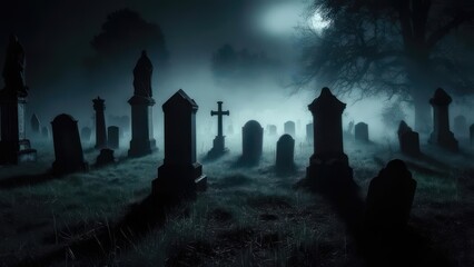 Misty graveyard at night